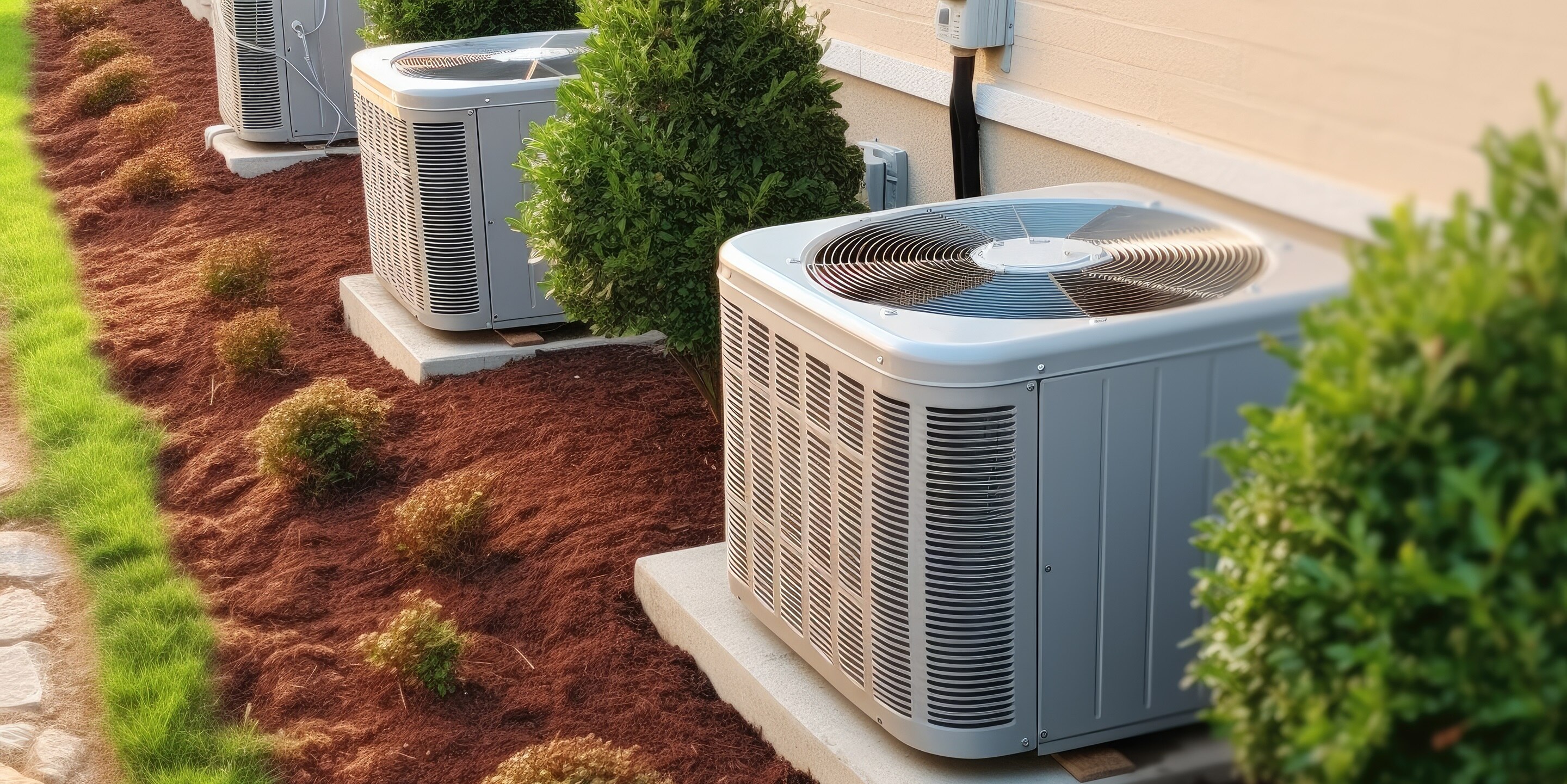 Rooftop HVAC refrigeration units surrounded by greenery, representing sustainable building systems