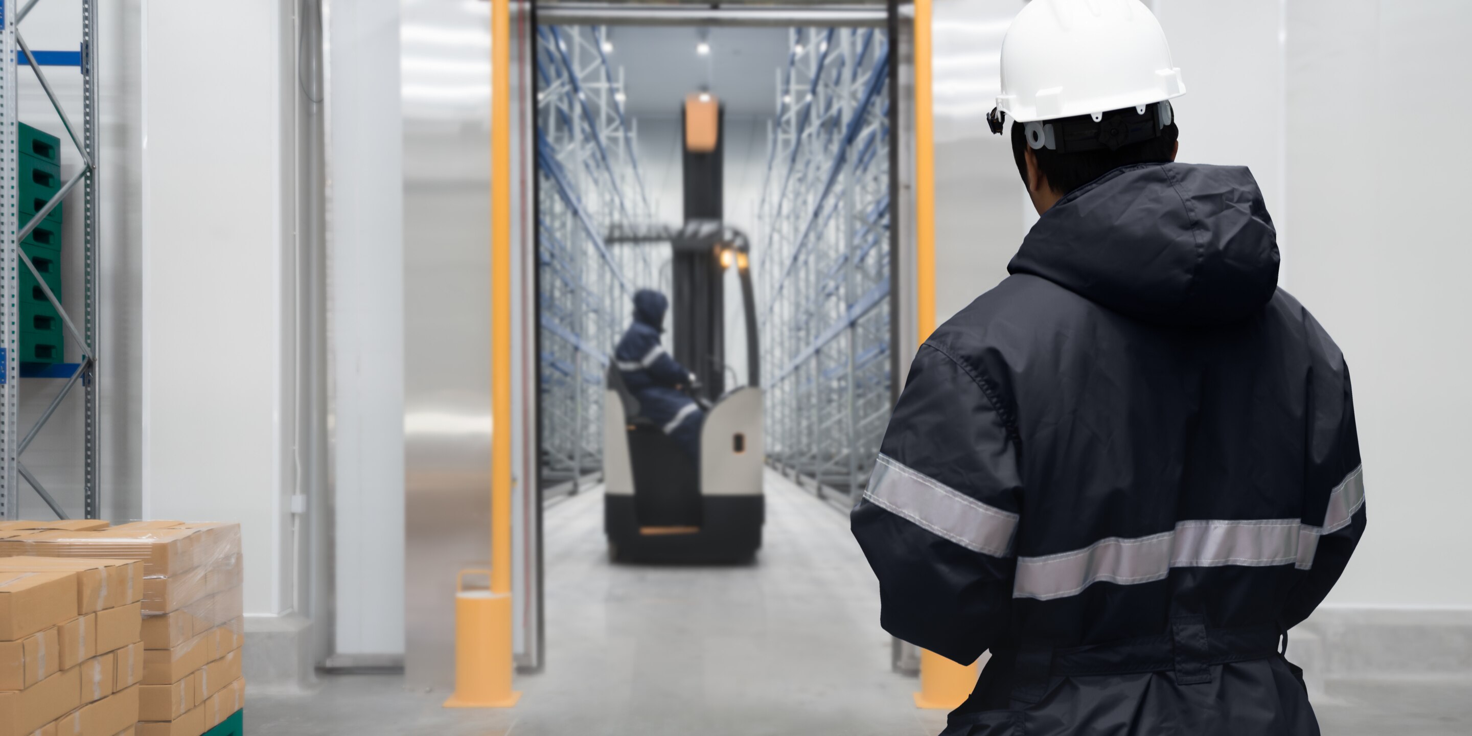 Technician in protective equipment overseeing operations in a large industrial refrigeration warehouse