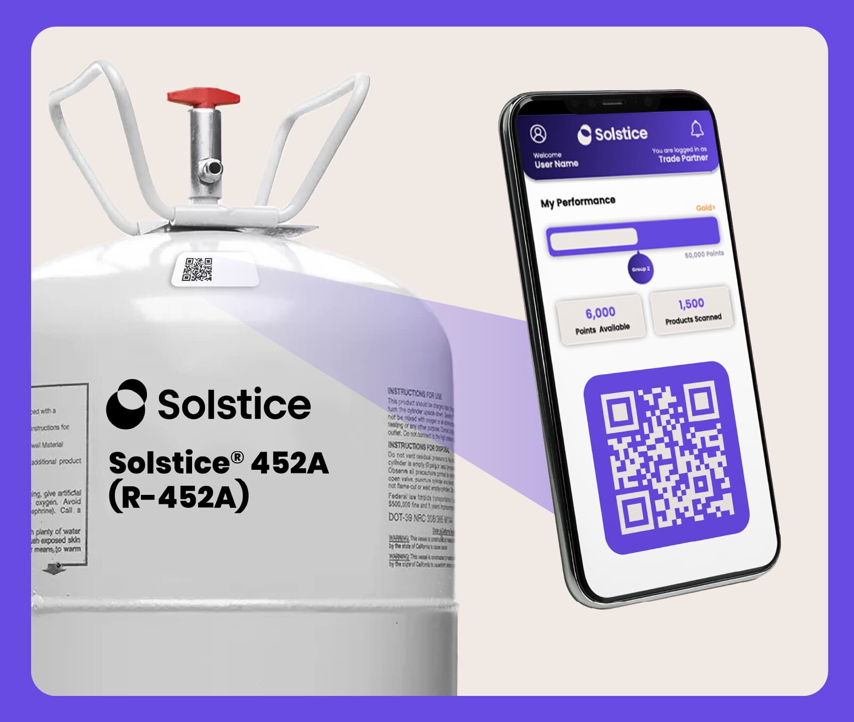 Genetron refrigerant cylinder with QR code and the Genetron mobile app showing rewards
