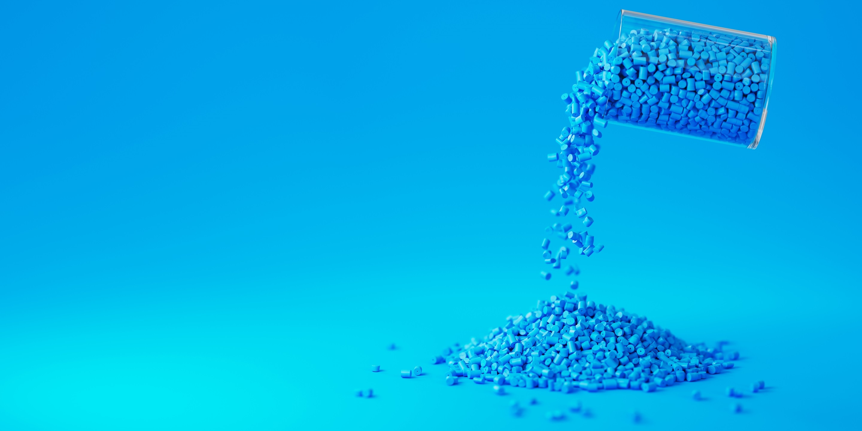 Blue plastic polypropylene granules pouring from the glass on a blue backdrop, masterbatch polymer grain pile. HDPE or PVC resin pellets. Place for text. 3d render illustration.